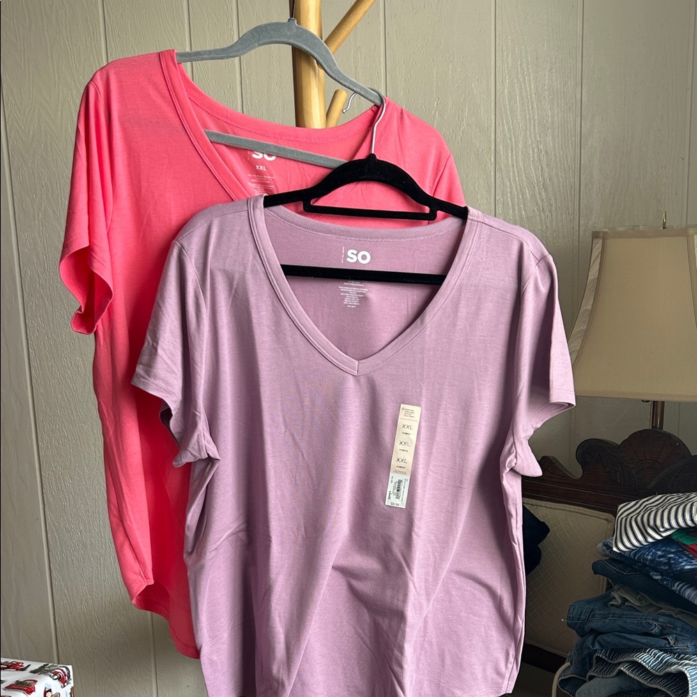 SO Women's Short Sleeve V-Neck Tops - Pink and Lavender